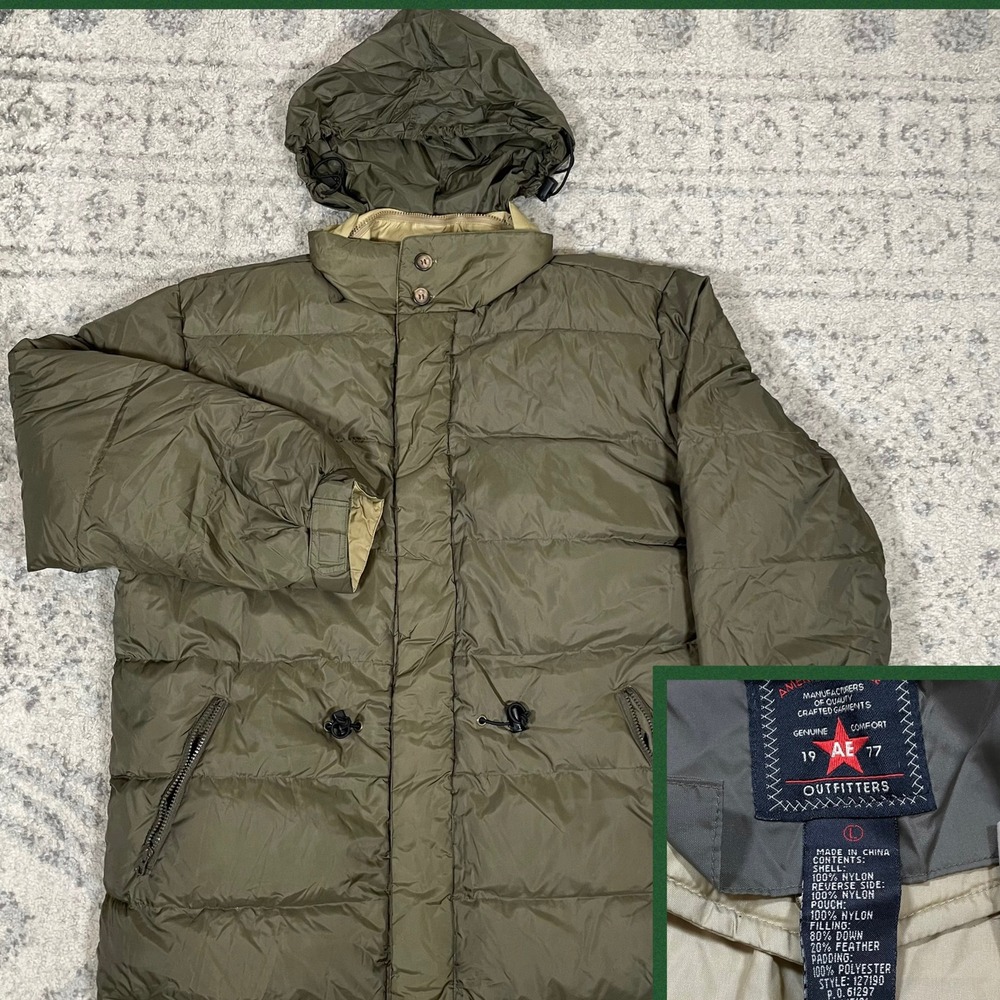 American Eagle Outfitters Reversible Down Puffer Jacket Hideaway Hood Mens L Y2K - Picture 1 of 9